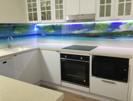 Ocean View Digital Printed Glass Splashback with LED lights by Graphic Glass Services