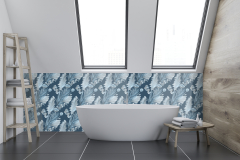 White and wooden attic bathroom interior with a concrete floor, windows in the roof and a white bathtub next to shelves. 3d rendering mock up