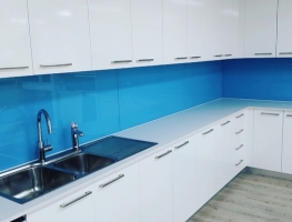 Blue Colourback Glass Splashback by Graphic Glass Services Qld