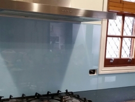 Light Blue Super Sparkle Colourback Glass Splashback by Graphic Glass Services Qld