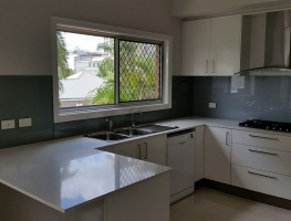 Colour Backed Glass Kitchen Splashback in Satin Silver by Graphic Glass Services Qld