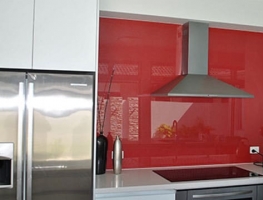 Colour Backed Glass Kitchen Splashback in Red by Graphic Glass Services Qld