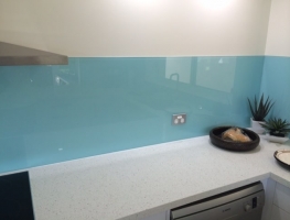 Blue Glass Splashback by Graphic Glass Services Qld